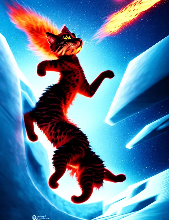 Prompt: a giant fire kitty jumping over frozen planet in a space, trending on artstation, cinematic composition, beautiful lighting, hyper detailed, 8 k, oil on canvas