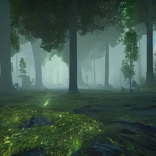 Image similar to a mystical forest by night , unreal engine 5.