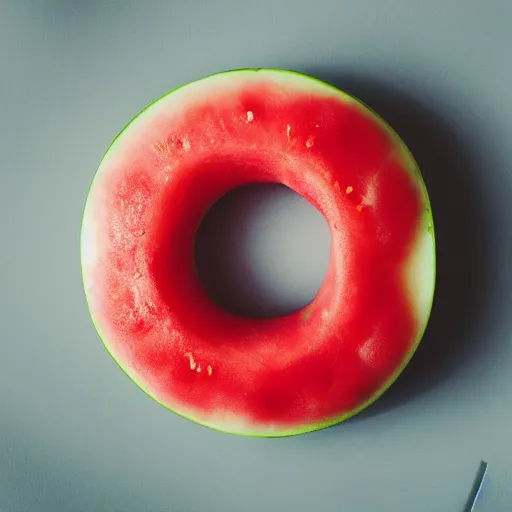 Image similar to Perfectly circular donut!!!!! in the shape of a watermelon!!!!!!, trending on artstation, 4k, 8k, professional photography, overhead shot, 35mm lens