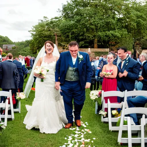 Image similar to a tractor driving down the aisle at a wedding