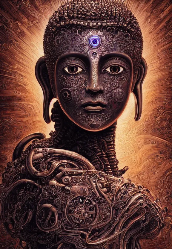 Image similar to perfectly centered portrait, front view of a beautiful biomechanical cyberpunk alien android robot buddha, female, flowing hair, intense stare, sarcastic smile, symmetrical, concept art, intricate detail, volumetric shadows and lighting, realistic oil painting by alex grey and gustave dore,