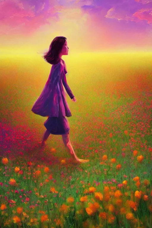 Image similar to giant flower head, girl walking in a flower field, surreal photography, sunrise, dramatic light, impressionist painting, colorful clouds, digital painting, artstation, simon stalenhag