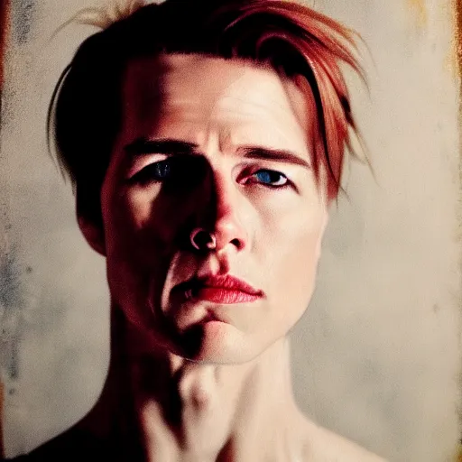 Prompt: realistic expired kodak film portrait of albino tom cruise, hyperrealism, photorealistic, detailed, atmospheric, 8 k, award winning photography, cinematic