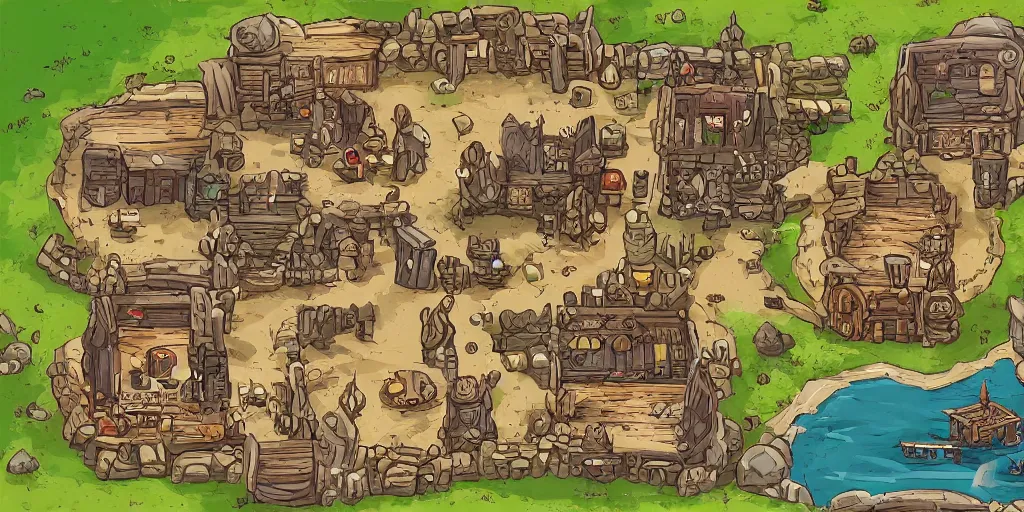 Image similar to A high detailed vector art presenting an aerial view of a RPG tavern by dofus , Patreon content, containing tables and walls, HD, straight lines, vector, grid, dnd map, map patreon, fantasy maps, foundry vtt, fantasy grounds, aerial view ,dungeondraft , tabletop, inkarnate, dugeondraft, roll20