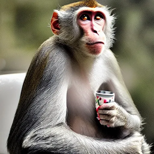 Prompt: Portrait of a macaque inside the Victorian mansion sipping coffee