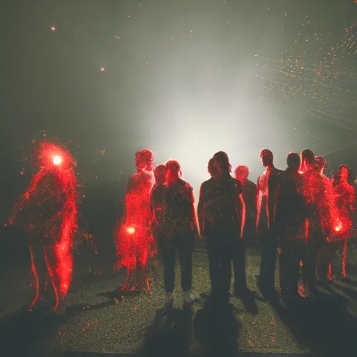 Prompt: giant group smoke bodies, lasers, darkness, macro, wide angle, elaborate, smoke, red dot, highly detailed, beautiful lighting