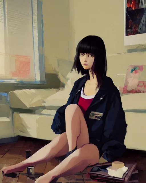 Image similar to A ultradetailed beautiful panting of a stylish girl sitting on the floor of a messy apartment, she is wearing an oversized jacket, Oil painting, by Ilya Kuvshinov, Greg Rutkowski and Makoto Shinkai