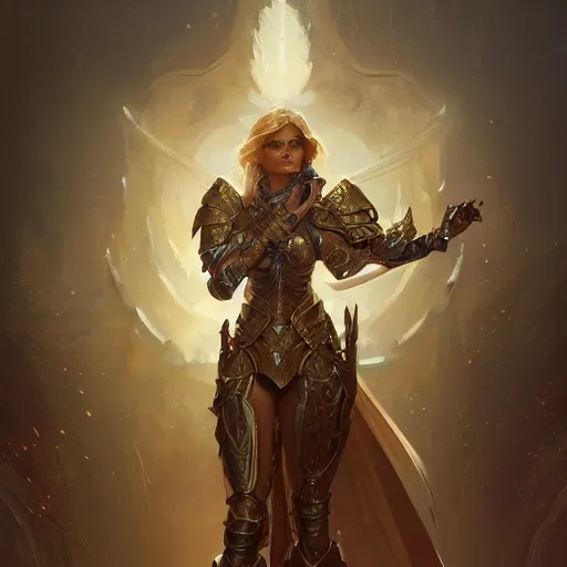 Prompt: female paladin in glowing gold armor, fire sword, D&D, fantasy, intricate, elegant, highly detailed, digital painting, artstation, concept art, matte, sharp focus, illustration, art by Greg Rutkowski and Alphonse Mucha