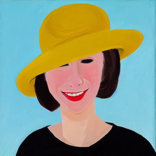 Image similar to woman with hat, by Alex Katz, colorful, smiling, oil on canvas