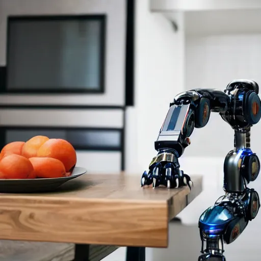 Prompt: a robotic arm on a table in a kitchen, professional photo