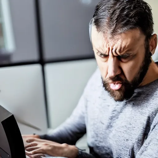 Prompt: the angriest man in the world typing on a computer