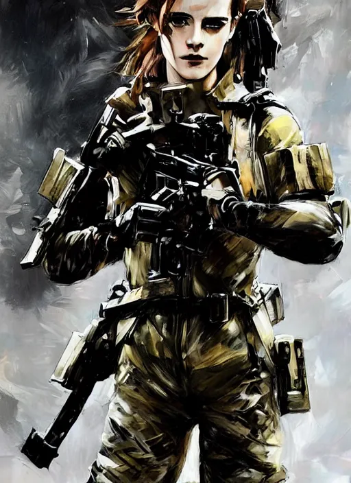 Prompt: fashion model emma watson wearing metal gear armor holding rifle dramatic lighting art by Yoji Shinkawa by Richard Schmid by Sandra Chevrier cinematic dramatic