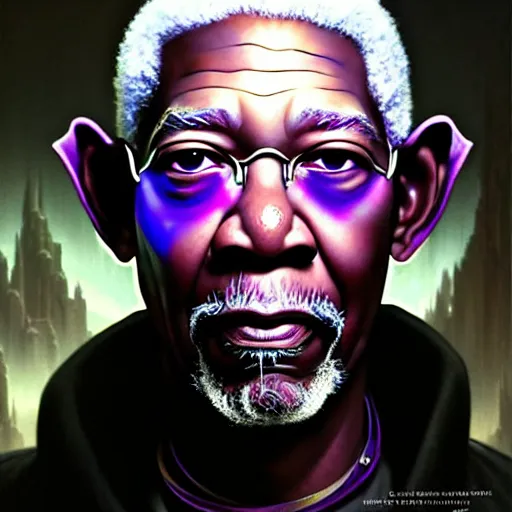 Image similar to portrait painting of a cyberpunk elven morgan freeman wearing a white and purple suit, ultra realistic, concept art, intricate details, eerie, highly detailed, photorealistic, octane render, 8 k, unreal engine. art by artgerm and greg rutkowski and charlie bowater and magali villeneuve and alphonse mucha