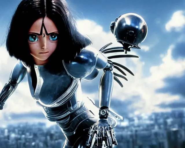 Prompt: a beautiful film still from battle angel alita by panos cosmatos, futuristic, cinematic lighting, highly detailed, photorealistic, high resolution