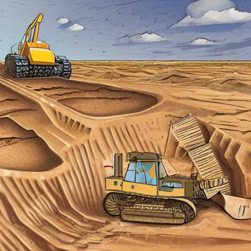 Image similar to in the distance, in the center of a large sandy quarry, a large golden ball lies in the sand, a broken excavator and a man in military uniform standing nearby, stylization of a book illustration, high quality, depth of sharpness, emphasis and focus on the golden ball