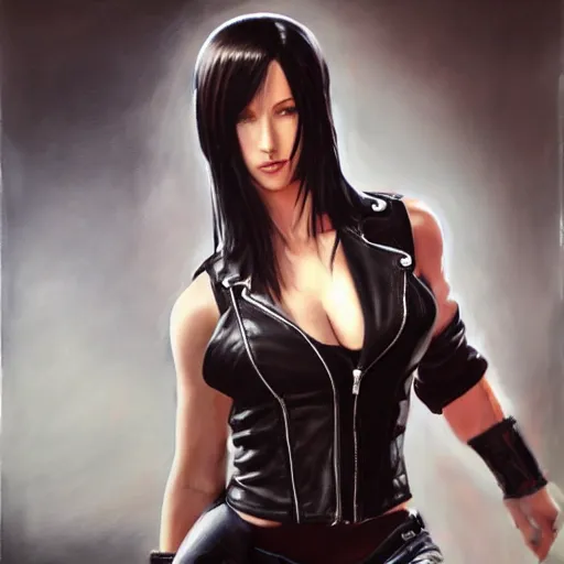 Image similar to perfect, realistic oil painting of close-up Tifa wearing leather jacket