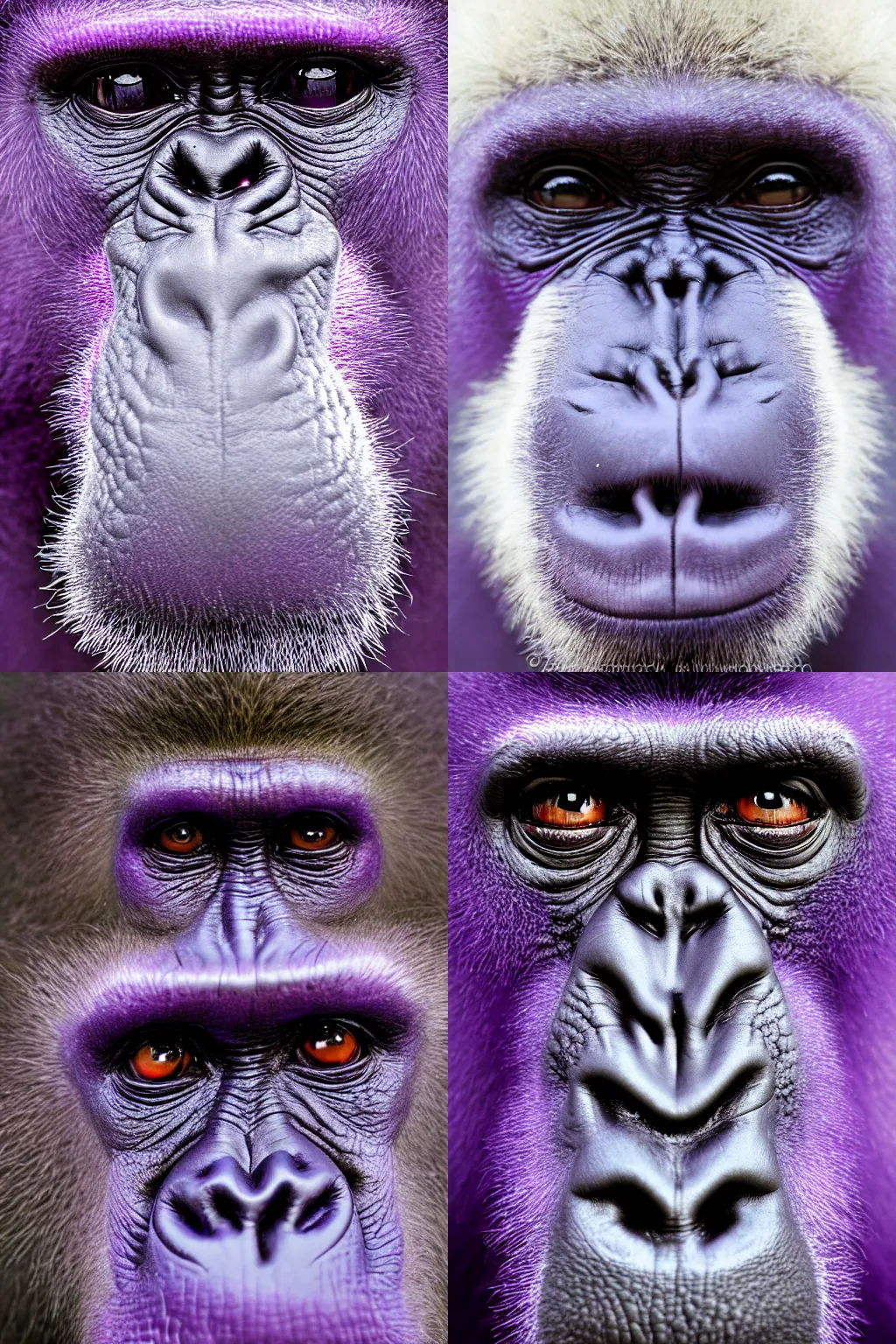 Prompt: purple gorilla, award winning photograph, face closeup