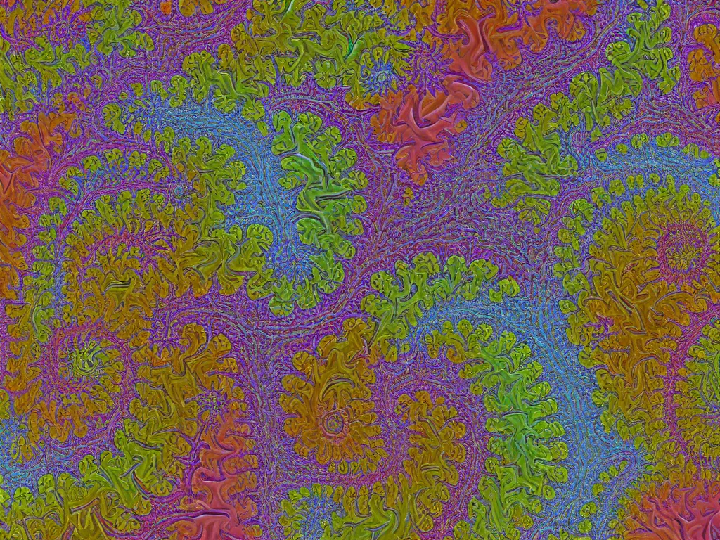 Image similar to 3d fractal swirling colorful maze paisley lichen patterns