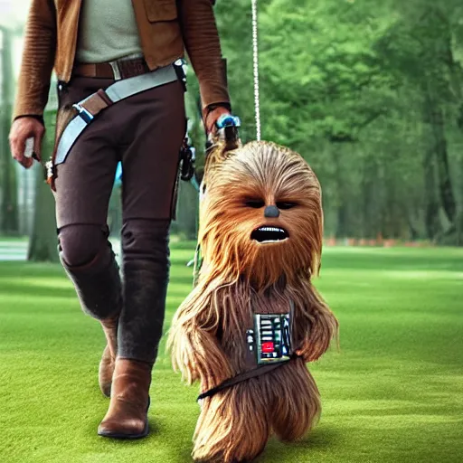 Image similar to han solo walking chewbacca on a leash