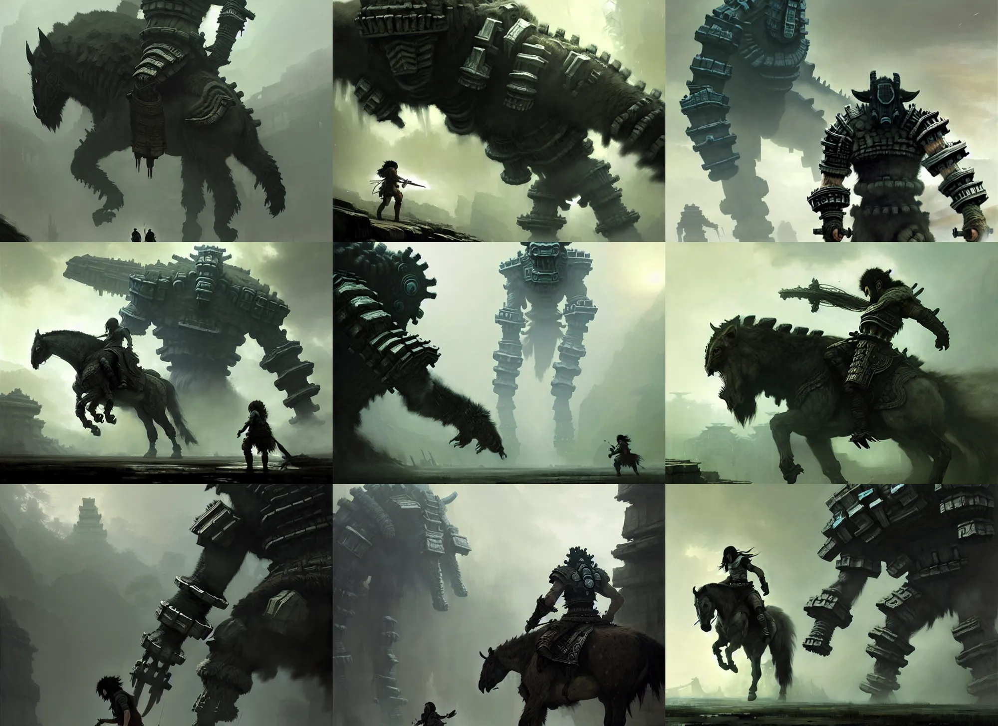 KREA - incredible screenshot of shadow of the colossus on PS5, dynamic  camera angle, deep 3 point perspective, fish eye, dynamic extreme  foreshortening of wander climbing a Colossus, by phil hale, ashley