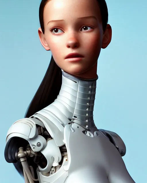 Prompt: weta disney pixar movie still head and torso portrait photo of young millie alicia bobby vikander brown with a white ponytail as thoughtful intricate detailed mechanical white plastic cyborg girl by pixar, by weta, wlop, ilya kuvshinov, rossdraws, artgerm, latex, iridescent, bright morning, anime, liosh, mucha