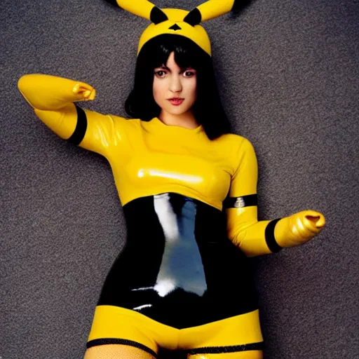 Prompt: girl wearing a latex costume of pikachu and fishnet stockings, by Annie Liebovitz, elegant photography