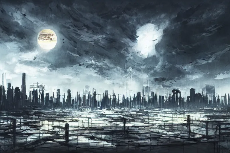 Image similar to concept art, landscape of tokyo, rising black sun, dystopia, paint style, high detail