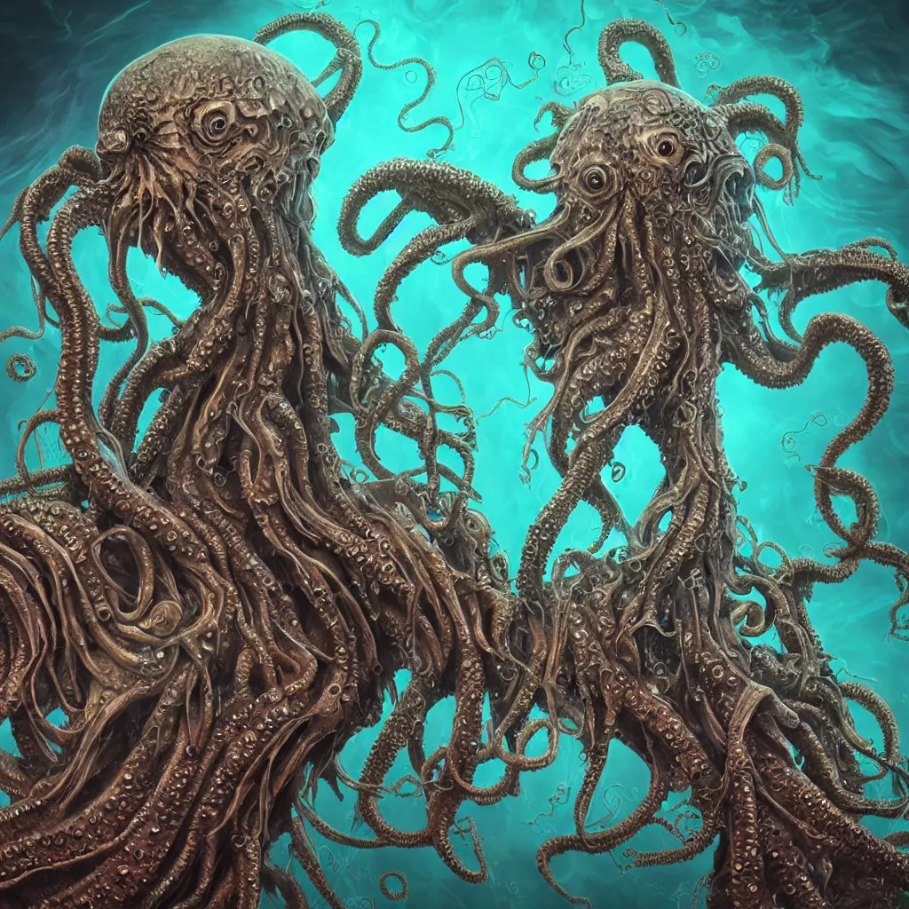 Image similar to close-up macro portrait of a Cthulhu and other fantastical sea creatures, epic angle and pose, ribcage bones symmetrical artwork, 3d with depth of field, blurred background, cybernetic jellyfish female face skull phoenix bird, translucent, nautilus, energy flows of water and fire. a highly detailed epic cinematic concept art CG render. made in Maya, Blender and Photoshop, octane render, excellent composition, cinematic dystopian brutalist atmosphere, dynamic dramatic cinematic lighting, aesthetic, very inspirational, arthouse. Greg Rutkowski, Ilya Kuvshinov, WLOP, Stanley Artgerm Lau, Ruan Jia and Fenghua Zhong
