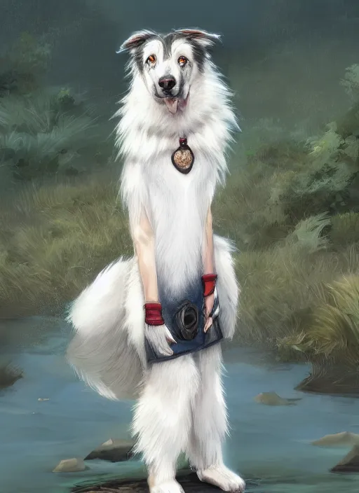 Prompt: wide angle beautiful full body portrait of a strong male anthropomorphic anthro border collie fursona in an evening gown by a lake at night, character design by charlie bowater, henry asencio, and ross tran, detailed, aesthetic, trending on artstation, furaffinity