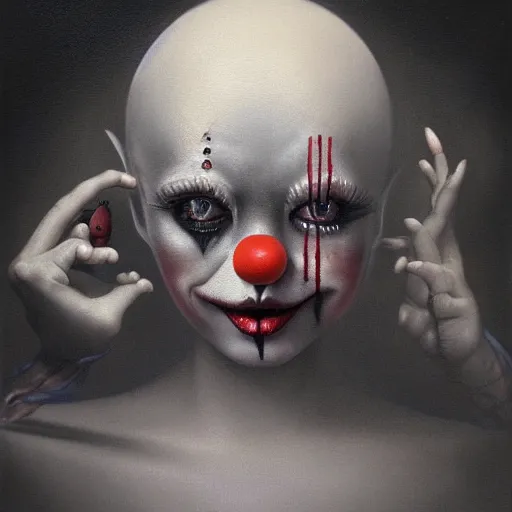 Prompt: By Tom Bagshaw, ultra realist soft painting of a curiosities carnival by night, Clown, horror, omnious sky, symmetry accurate features, very intricate details, black and white, volumetric light clouds