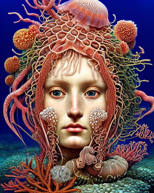 Prompt: hyperrealistic detailed underwater face portrait of the beautiful goddess of the jellyfish with an intricate headgear of corals, sea kelp, sea plants, fish, starfish, jellyfish, art by ernst haeckel, john william godward, android jones, gothic - cyberpunk, ornamental, beautiful deep colours,