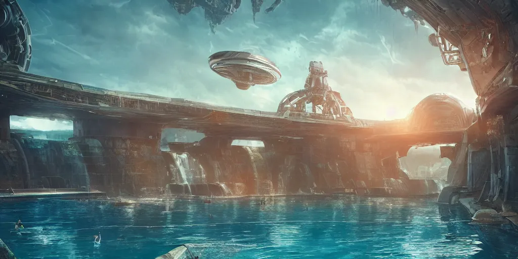 Prompt: alien spacecraft hovering over beautiful pool waterfalls surrounded by alien robots, steel archways, industrial buildings, rusty metal towers, sun setting, ross tran, fantasy, james jean, cinematic lighting, digital painting, octane render