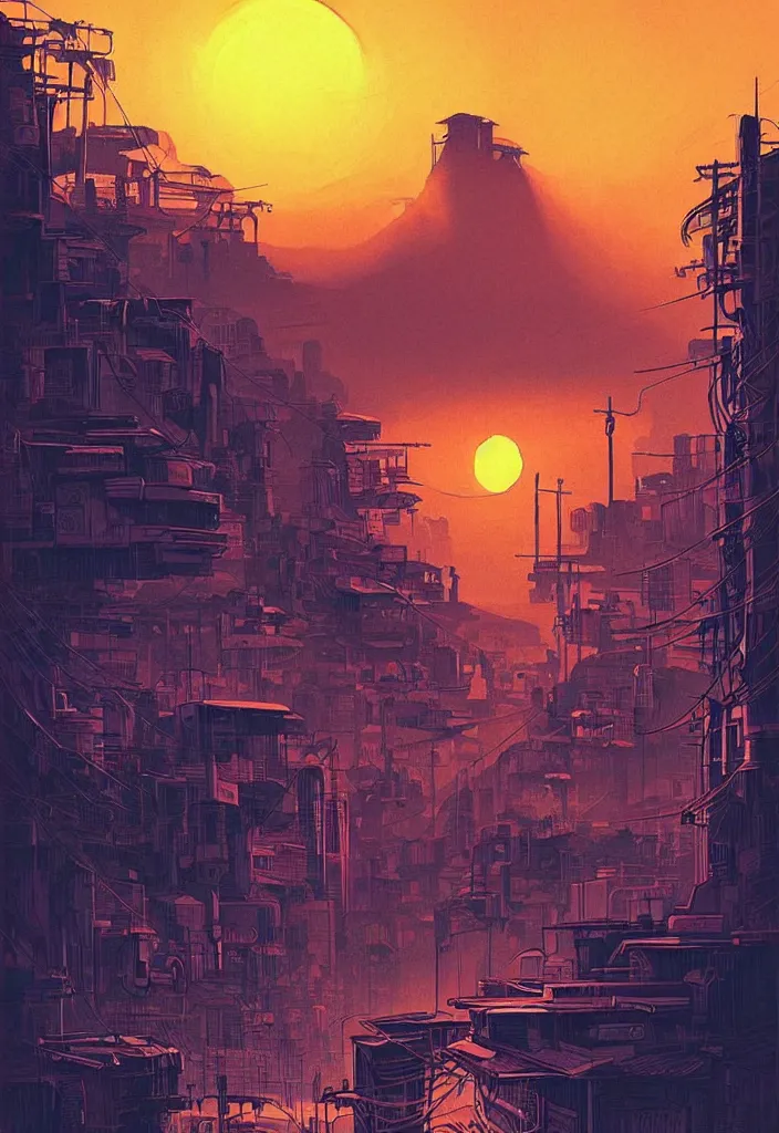 Image similar to Kilian Eng painting of a cyberpunk African favela, hazy sunset with dramatic clouds, line art, ink, watercolor, heavy brushstrokes, asymmetrical, trending on Pinterest, High quality image