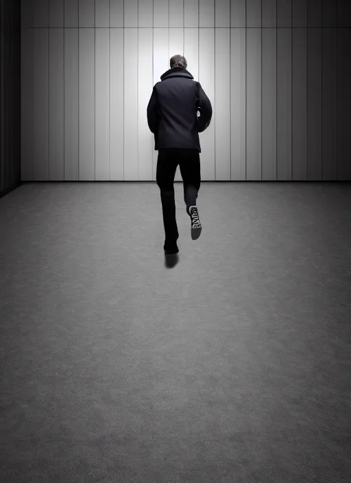 Prompt: a man running away with his back to the viewer, full body view, coat, back view, isolated, hyper realistic, 3 d render