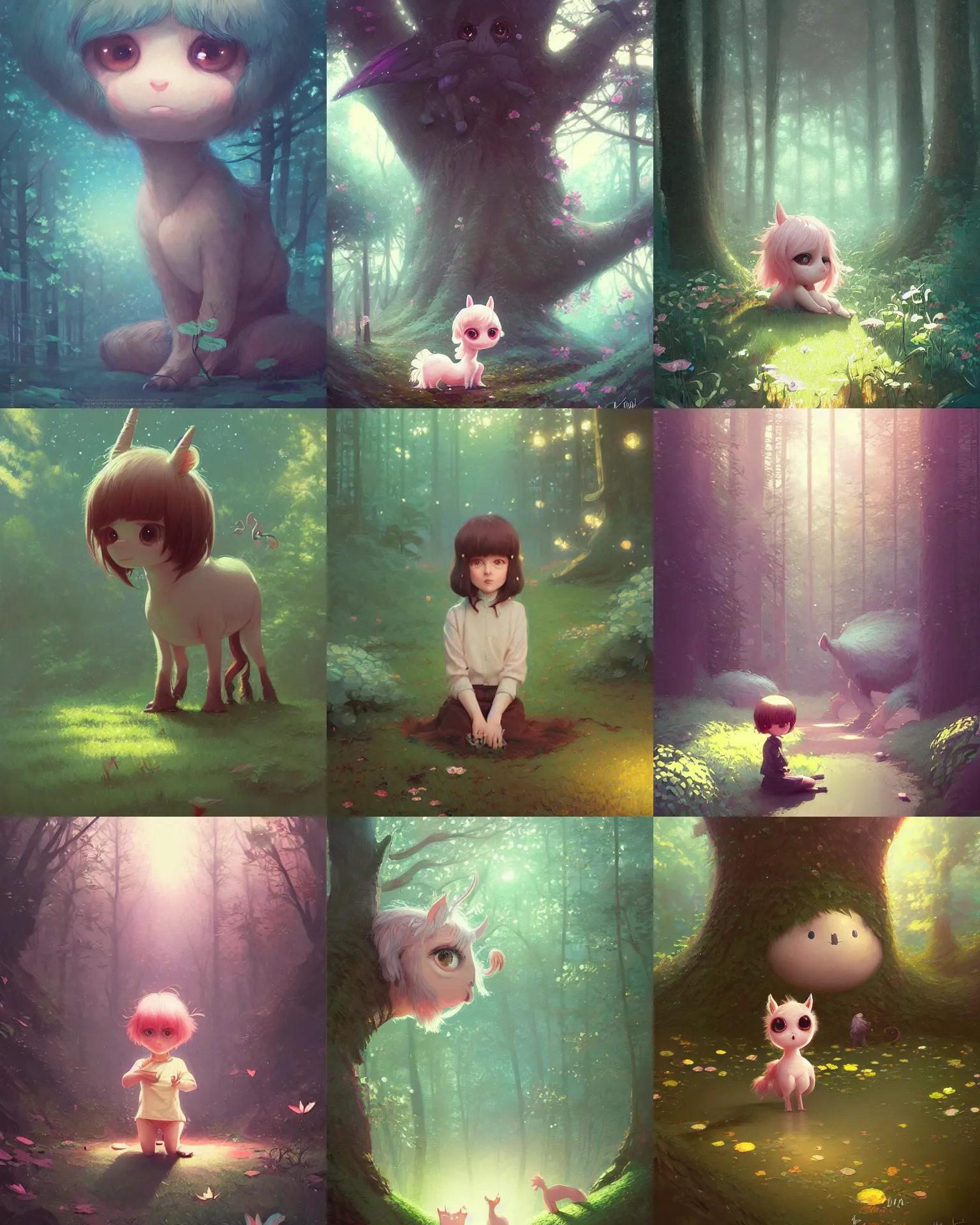 Prompt: a cute little creature, big eyes, 🦄, digital painting by krenz cushart, ilya kuvshinov, victo ngai, thomas kinkade. forest room, highly detailed, award winning, artstation