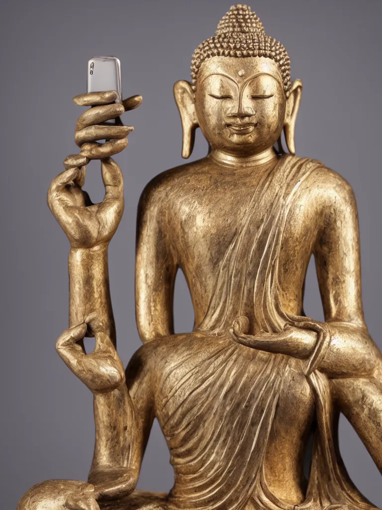 Image similar to beautiful sculpture of meditating buddha holding a smartphone, in a gallery setting. professional studio photo, full object in middle, soft lighting, centered, 1 5 0 mm lens, high definition