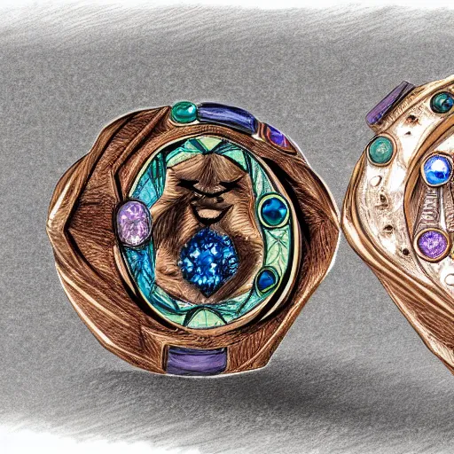 Image similar to sketch of four points of view of a complex ring with a complex cameo ornament of a panther, technical sketch, rose gold, gems, high coloration, ambient lightning, highly detailed, 8 k