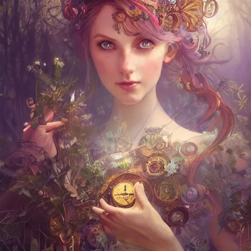 Image similar to ultra realistic illustration of steampunk magical fairy, forest, fantasy, lenses, colorful lights, intricate, elegant, highly detailed, digital painting, artstation, concept art, smooth, sharp focus, illustration, art by artgerm and greg rutkowski and alphonse mucha