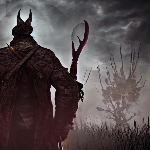 Prompt: Portrait photography of Barak Obama as a hunter from 'Bloodborne'