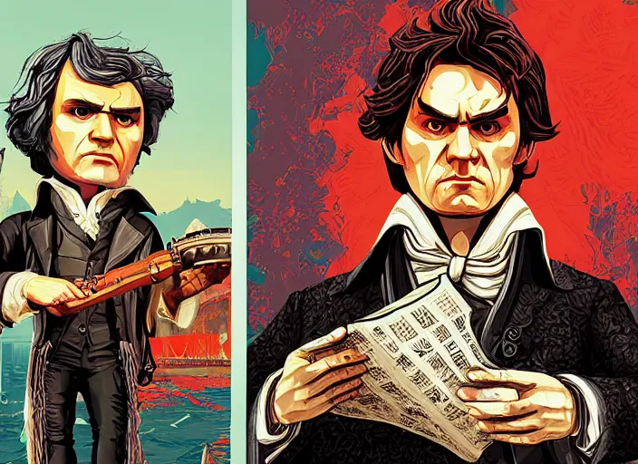 Image similar to beethoven, bloodborne kingdom in gta v by android jones and petros afshar, tom whalen, james gilleard