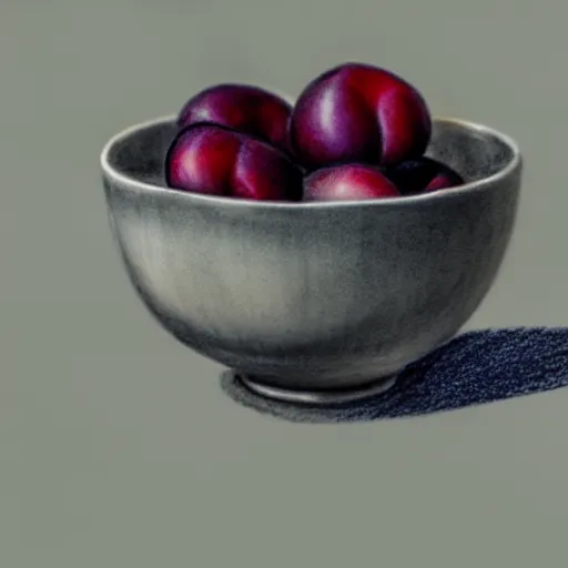 Image similar to concept art drawing of a single thick porcelain bowl filled with a few moist freshly picked plums on a wooden table. volumetric lighting. small scale. artistic. top down.