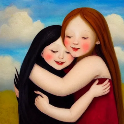 Prompt: black haired girl hugging a ginger girl and smiling, beautiful, innocent, angelic, happy, warm, soft lighting, in the clouds, renaissance, beautiful, cherubic, oil painting