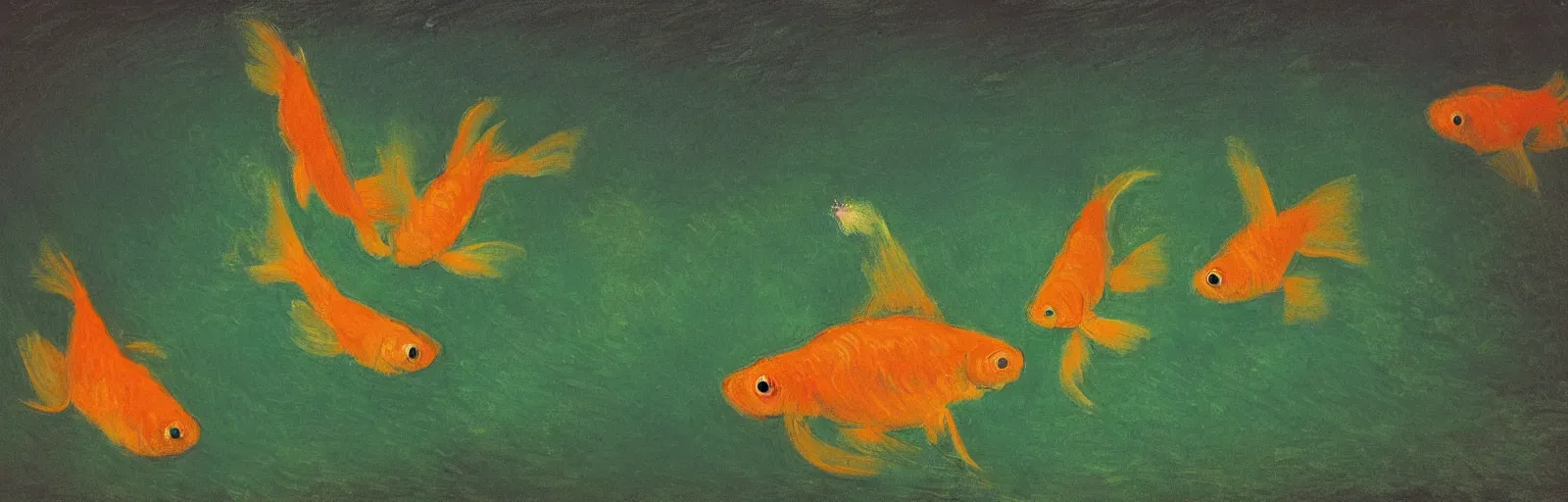 Image similar to An aesthetically pleasing, dynamic, energetic, lively, well-designed digital art of goldfish in a pond viewed from underwater, light and shadow, chiaroscuro, by Claude Monet and Vincent Van Gogh, superior quality, masterpiece, excellent use of negative space. 8K, superior detail, widescreen.