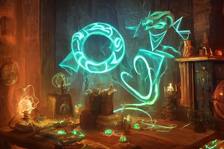 Image similar to A skilled sorcerer in their study, drawing glowing magic runic symbols in the air, enchanting objects with glyph magic, D&D fantasy setting, 4k