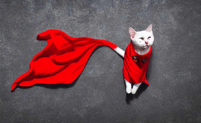 Image similar to cat with a red cape flying through the sky in a superman pose