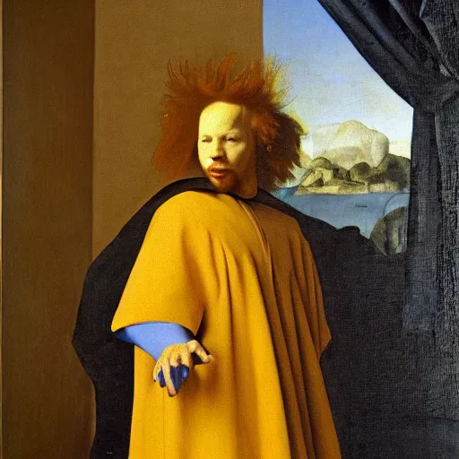 Image similar to Masterpiece Portrait of carrot top, dressed thobe, Ghutra and Egal, style of Johannes Vermeer