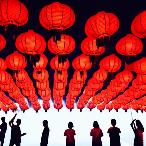 Image similar to night club, five red chinese lanterns, people's silhouettes close up, wearing white t - shirts that glow in the dark, minimalism, dark