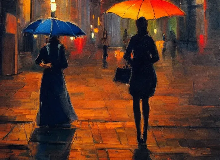 Prompt: evening city scene with young woman with umbrella. beautiful use of light and shadow to create a sense of depth and movement. using energetic brushwork and a limited color palette, providing a distinctive look and expressive quality in a rhythmic composition