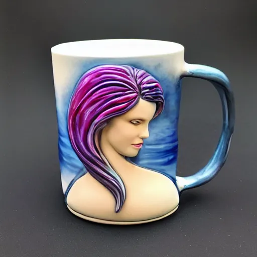 Image similar to an amazing ceramic realistic mermaid sculpture mug, creative, beautiful, award winning design, functional, colorful