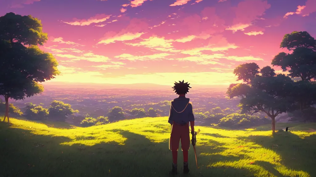 Image similar to 2 1 savage on the hillside and looked sky, dusk sky, beautiful sunset glow, large clouds, rich vivid colors, ambient lighting, dynamic lighting, official media, anime key visual, detailed, artwork by makoto shinkai, rossdraws.